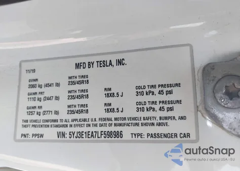 2020 Tesla Model 3 Standard Range Plus Rear-Wheel Drive/Standard Range Rear-Wheel Drive из США, поврежденный, VIN 5YJ3E1EA7LF598986